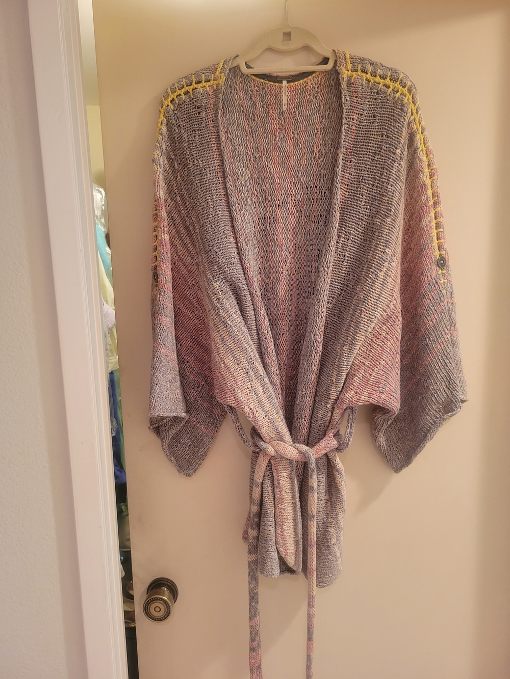 Free People Multicolor Open-Knit Wrap Cardigan with Yellow Shoulder Accents
